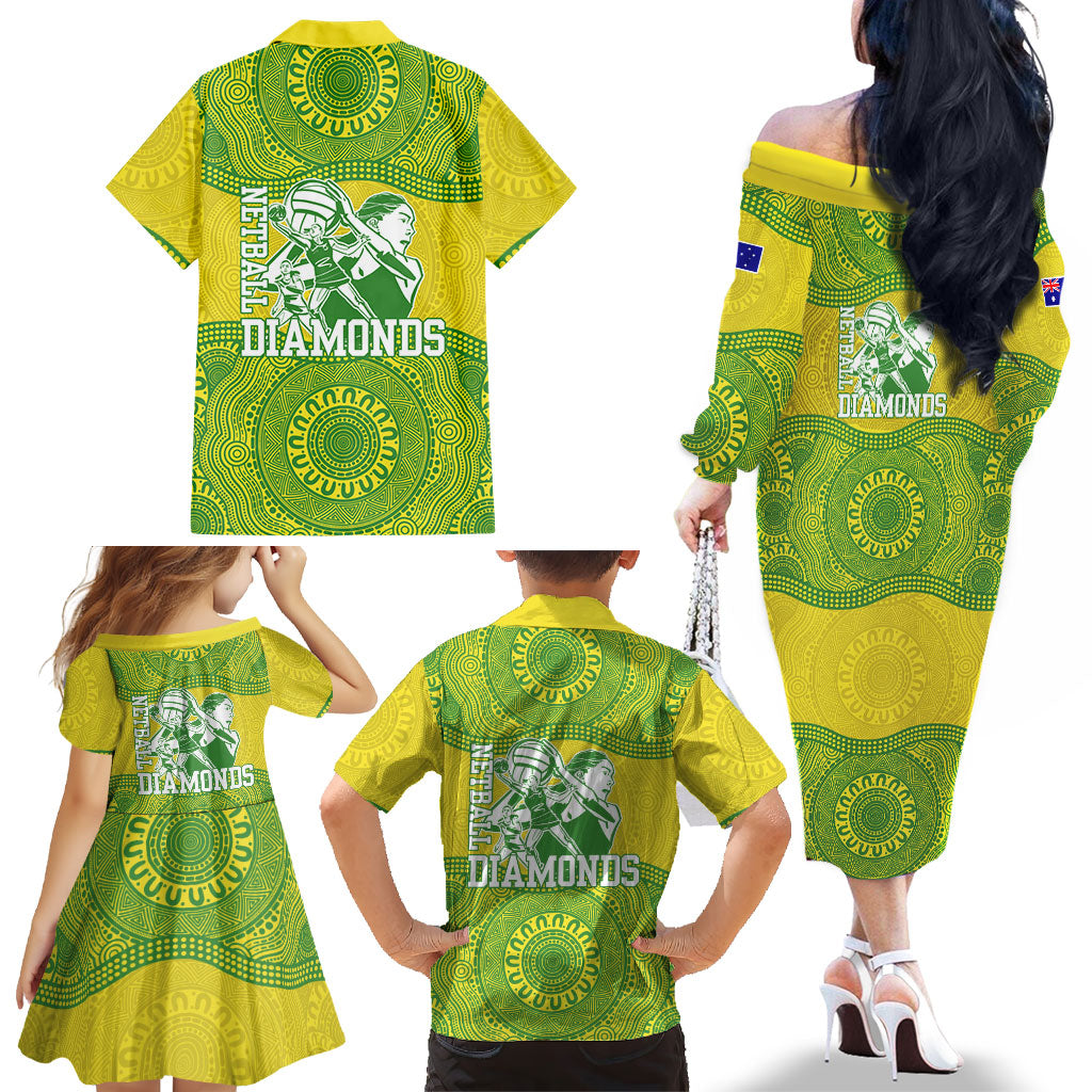 Australian Diamonds Netball Family Matching Off The Shoulder Long Sleeve Dress and Hawaiian Shirt Indigenous Aboriginal Art Style Dot Pattern Graphics