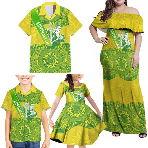 Australian Diamonds Netball Family Matching Off Shoulder Maxi Dress and Hawaiian Shirt Indigenous Aboriginal Art Style Dot Pattern Graphics