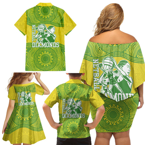 Australian Diamonds Netball Family Matching Off Shoulder Short Dress and Hawaiian Shirt Indigenous Aboriginal Art Style Dot Pattern Graphics