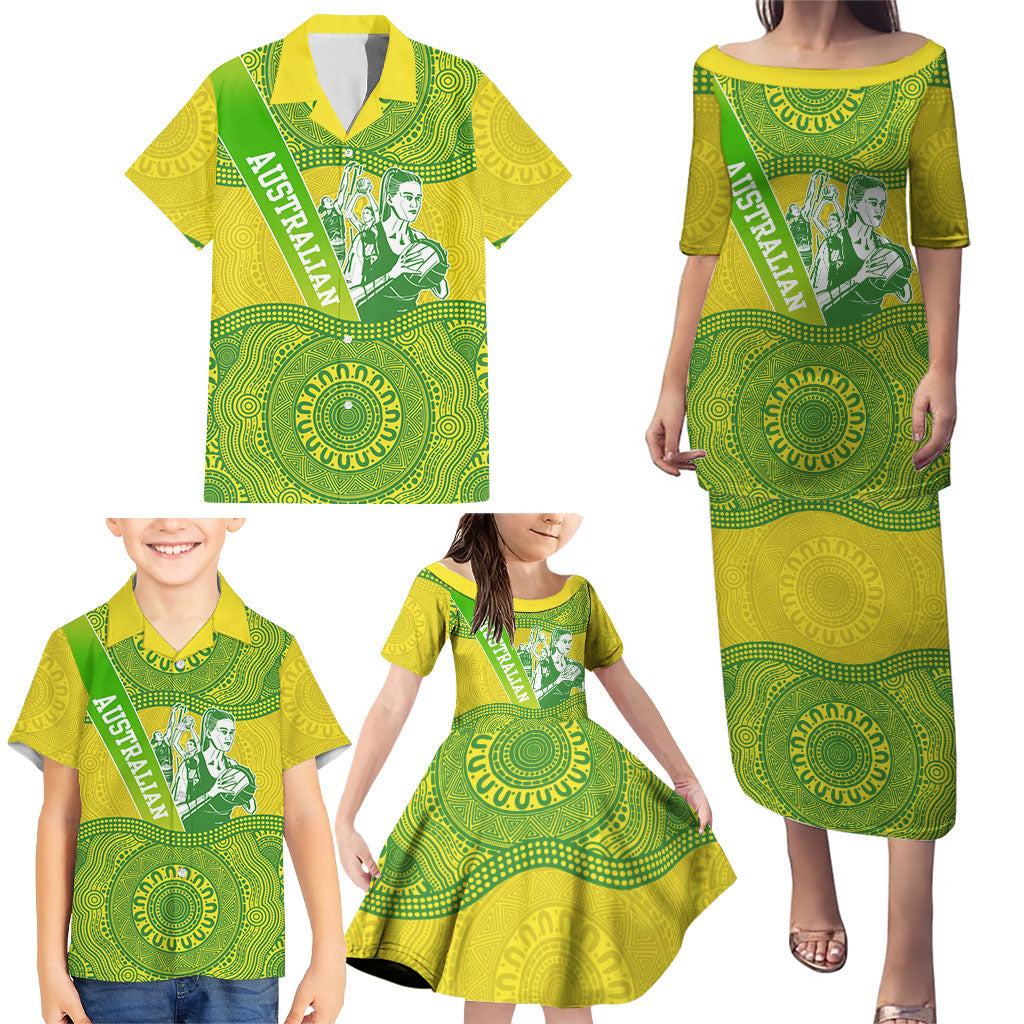 Australian Diamonds Netball Family Matching Puletasi and Hawaiian Shirt Indigenous Aboriginal Art Style Dot Pattern Graphics