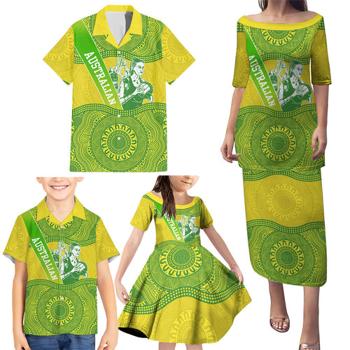 Australian Diamonds Netball Family Matching Puletasi and Hawaiian Shirt Indigenous Aboriginal Art Style Dot Pattern Graphics