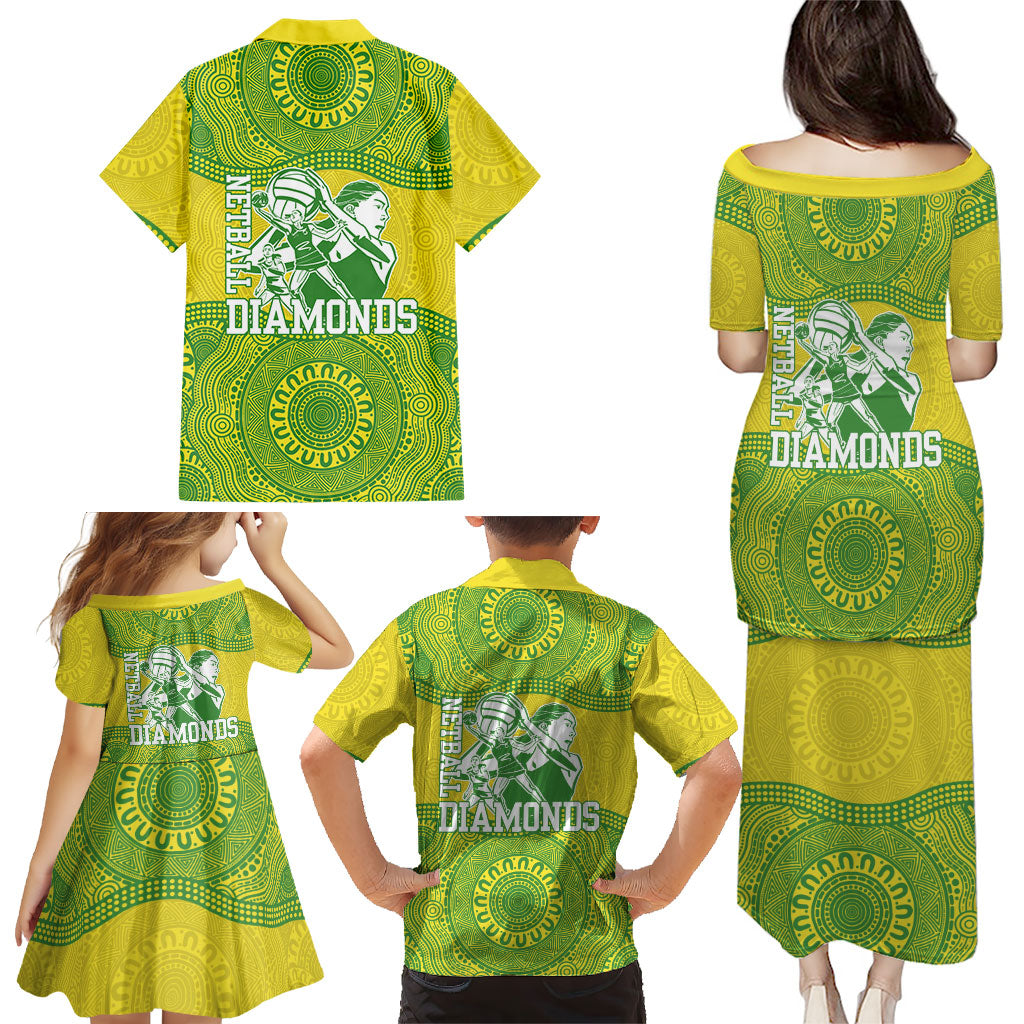 Australian Diamonds Netball Family Matching Puletasi and Hawaiian Shirt Indigenous Aboriginal Art Style Dot Pattern Graphics