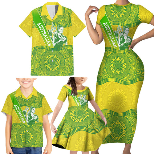 Australian Diamonds Netball Family Matching Short Sleeve Bodycon Dress and Hawaiian Shirt Indigenous Aboriginal Art Style Dot Pattern Graphics