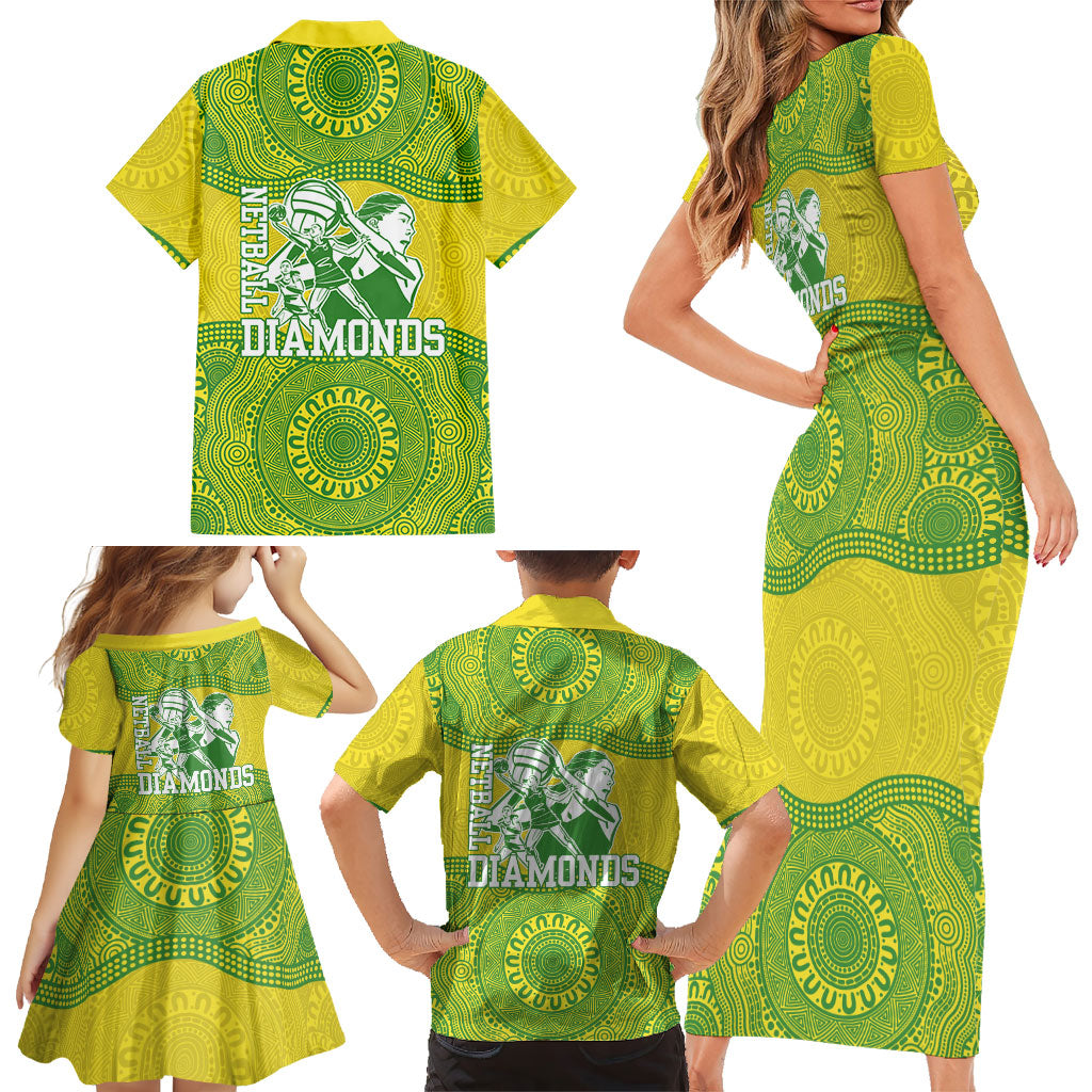 Australian Diamonds Netball Family Matching Short Sleeve Bodycon Dress and Hawaiian Shirt Indigenous Aboriginal Art Style Dot Pattern Graphics