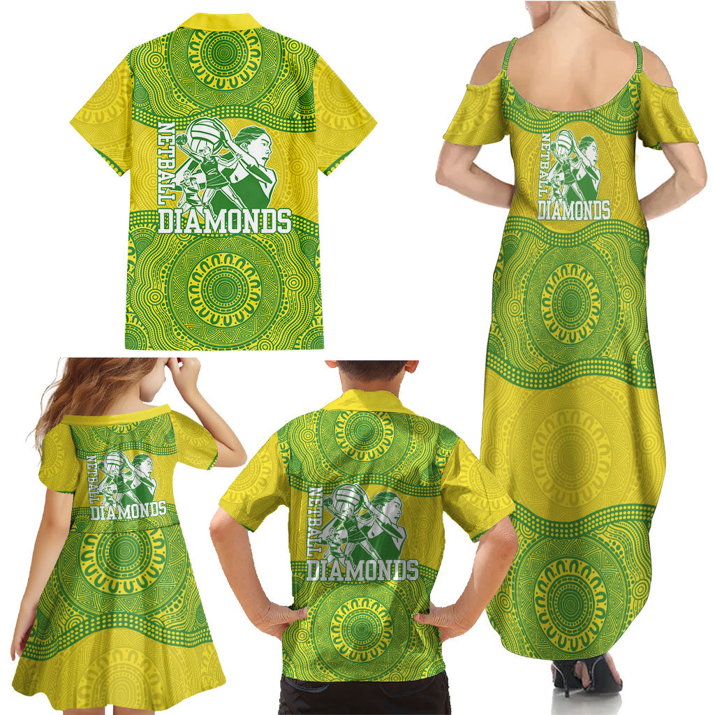Australian Diamonds Netball Family Matching Summer Maxi Dress and Hawaiian Shirt Indigenous Aboriginal Art Style Dot Pattern Graphics