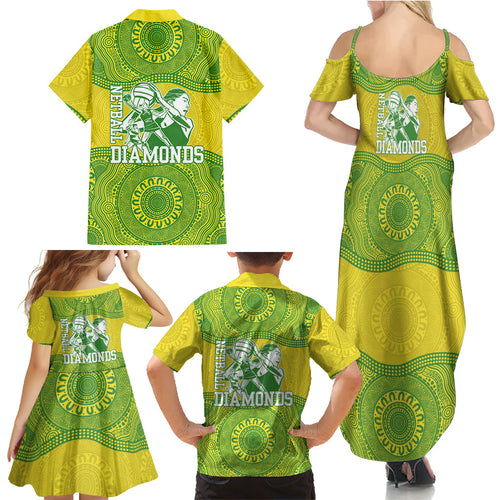 Australian Diamonds Netball Family Matching Summer Maxi Dress and Hawaiian Shirt Indigenous Aboriginal Art Style Dot Pattern Graphics