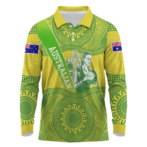 Australian Diamonds Netball Long Sleeve Polo Shirt Indigenous Aboriginal Art Style Dot Pattern Graphics