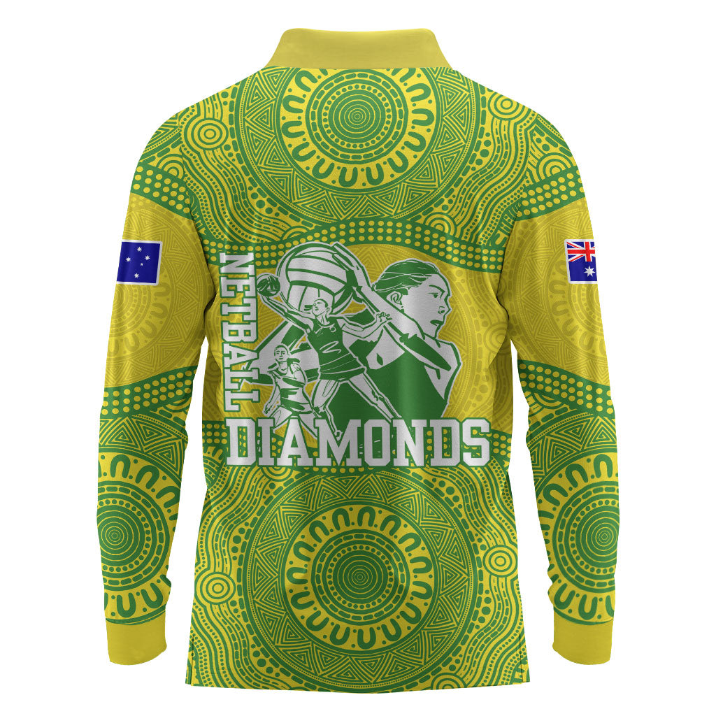 Australian Diamonds Netball Long Sleeve Polo Shirt Indigenous Aboriginal Art Style Dot Pattern Graphics