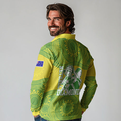 Australian Diamonds Netball Long Sleeve Polo Shirt Indigenous Aboriginal Art Style Dot Pattern Graphics