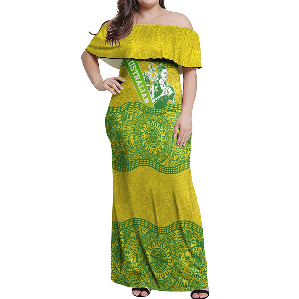 Australian Diamonds Netball Off Shoulder Maxi Dress Indigenous Aboriginal Art Style Dot Pattern Graphics