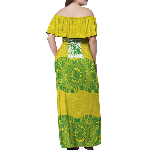 Australian Diamonds Netball Off Shoulder Maxi Dress Indigenous Aboriginal Art Style Dot Pattern Graphics