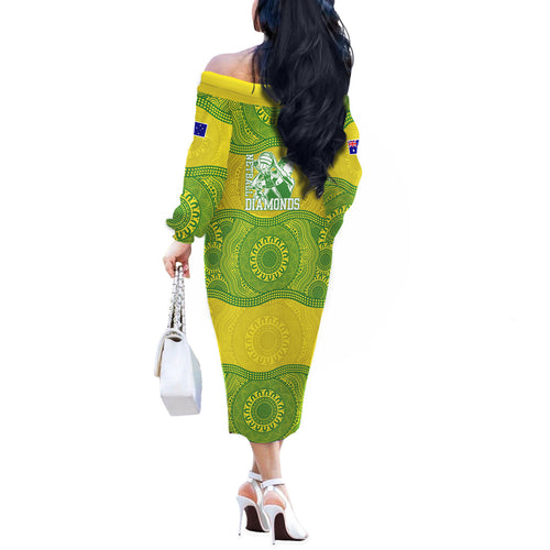 Australian Diamonds Netball Off The Shoulder Long Sleeve Dress Indigenous Aboriginal Art Style Dot Pattern Graphics