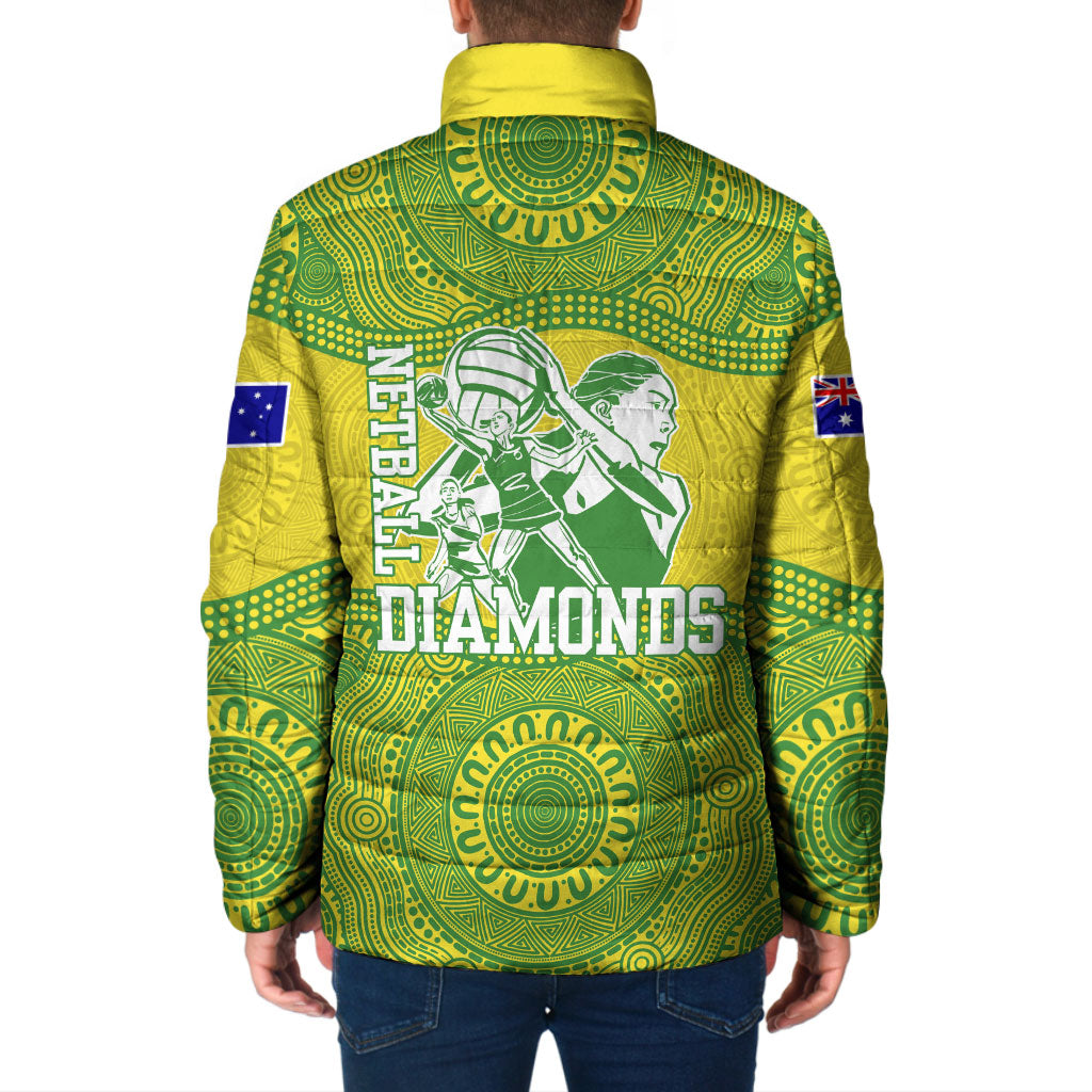 Australian Diamonds Netball Padded Jacket Indigenous Aboriginal Art Style Dot Pattern Graphics