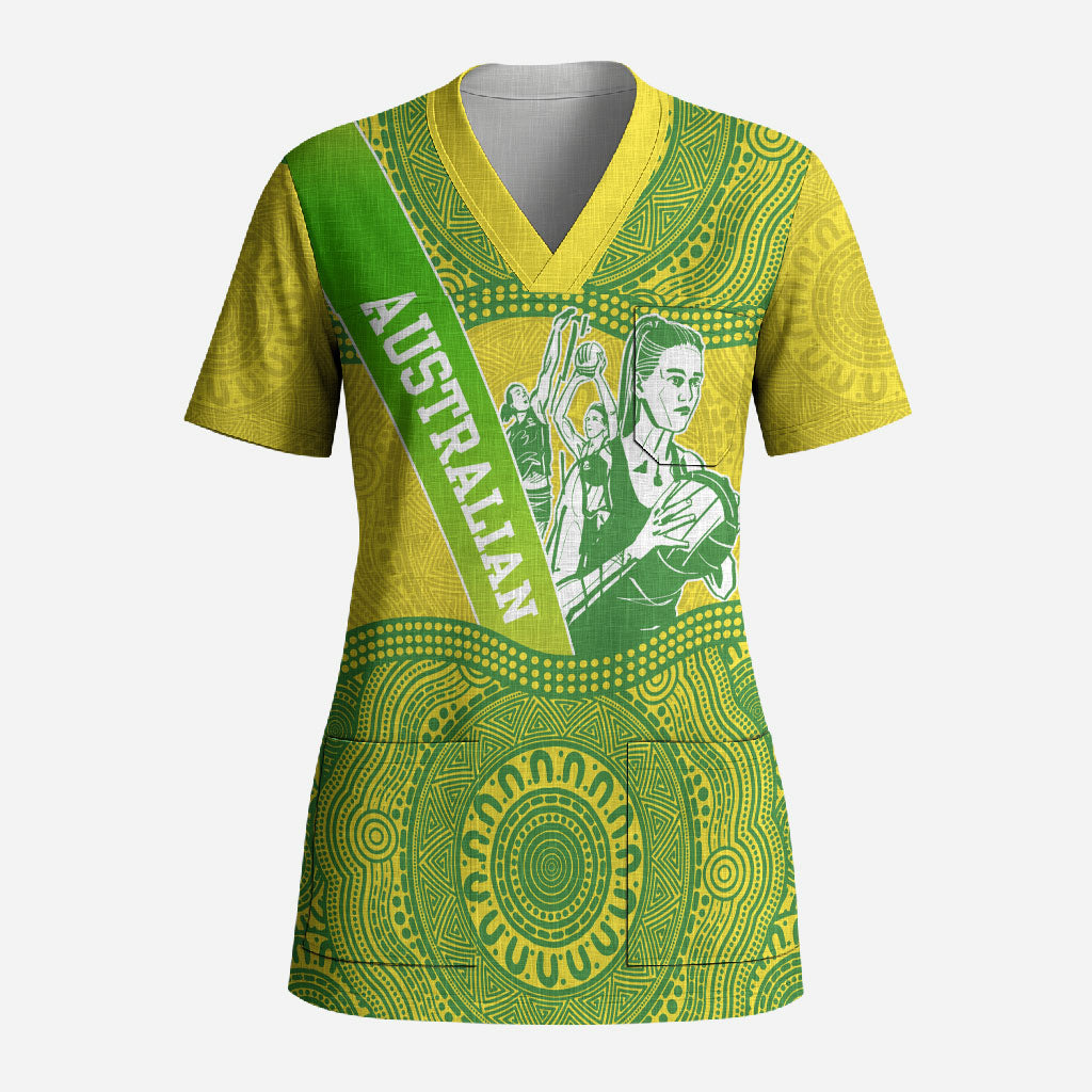 Australian Diamonds Netball Scrub Top Indigenous Aboriginal Art Style Dot Pattern Graphics