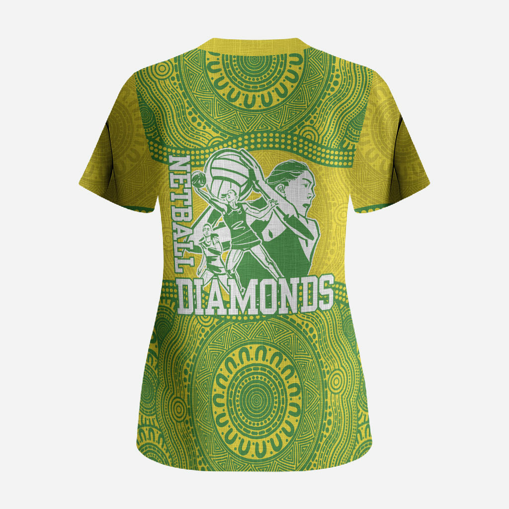 Australian Diamonds Netball Scrub Top Indigenous Aboriginal Art Style Dot Pattern Graphics