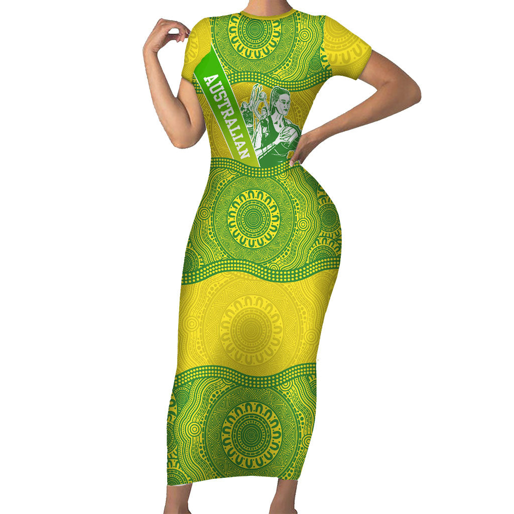 Australian Diamonds Netball Short Sleeve Bodycon Dress Indigenous Aboriginal Art Style Dot Pattern Graphics