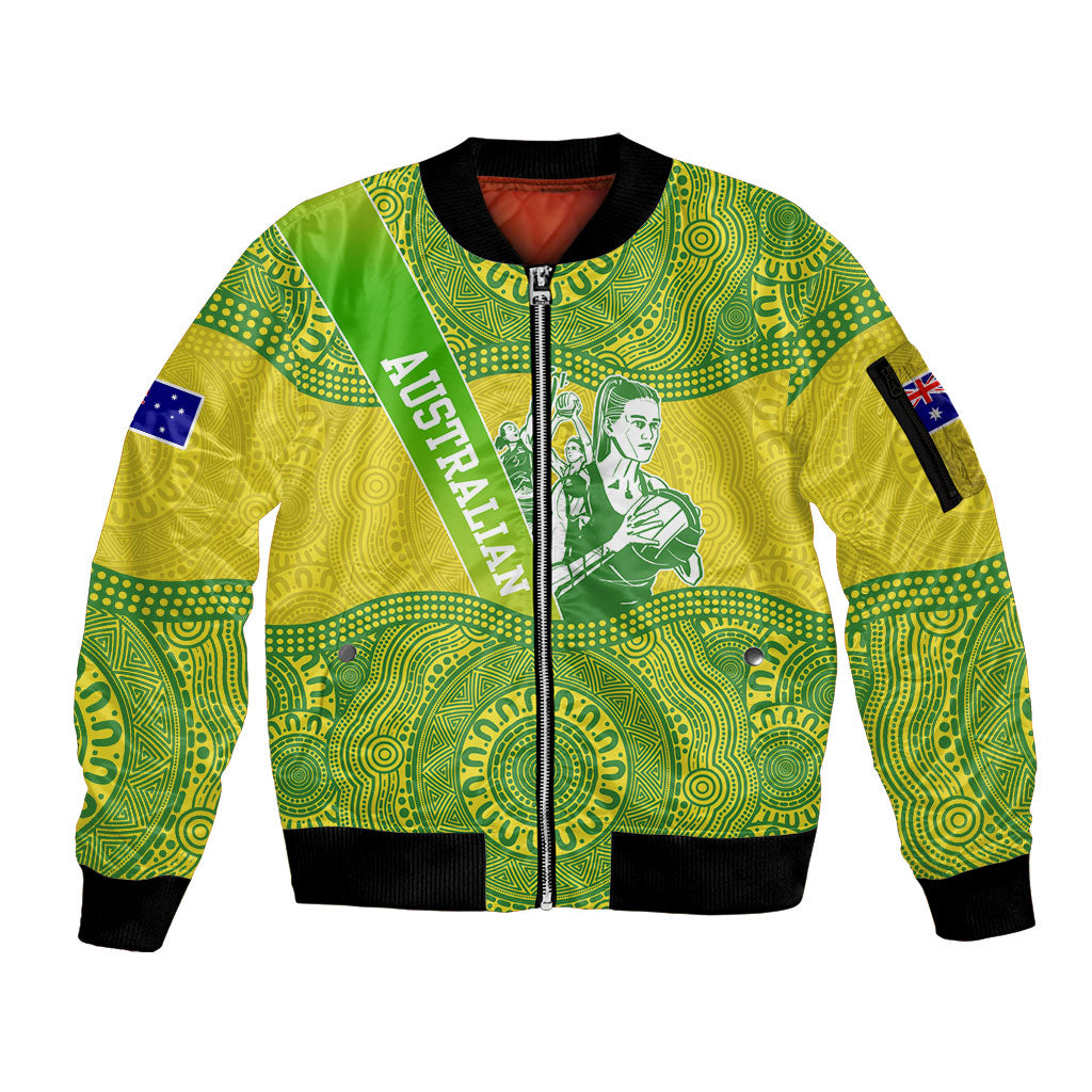 Australian Diamonds Netball Sleeve Zip Bomber Jacket Indigenous Aboriginal Art Style Dot Pattern Graphics