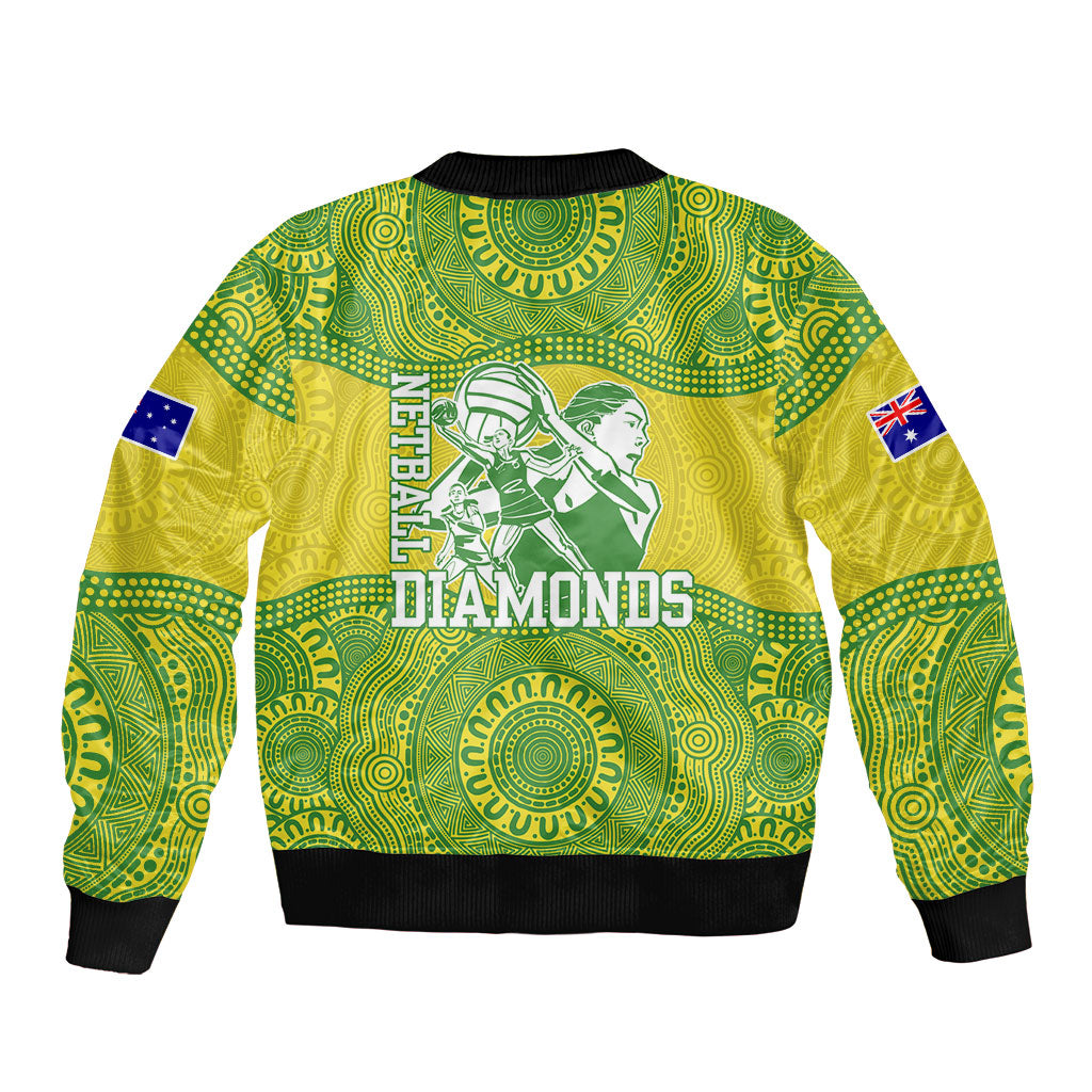 Australian Diamonds Netball Sleeve Zip Bomber Jacket Indigenous Aboriginal Art Style Dot Pattern Graphics