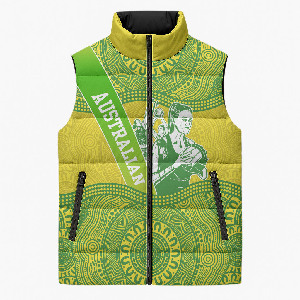 Australian Diamonds Netball Sleeveless Puffer Jacket Indigenous Aboriginal Art Style Dot Pattern Graphics