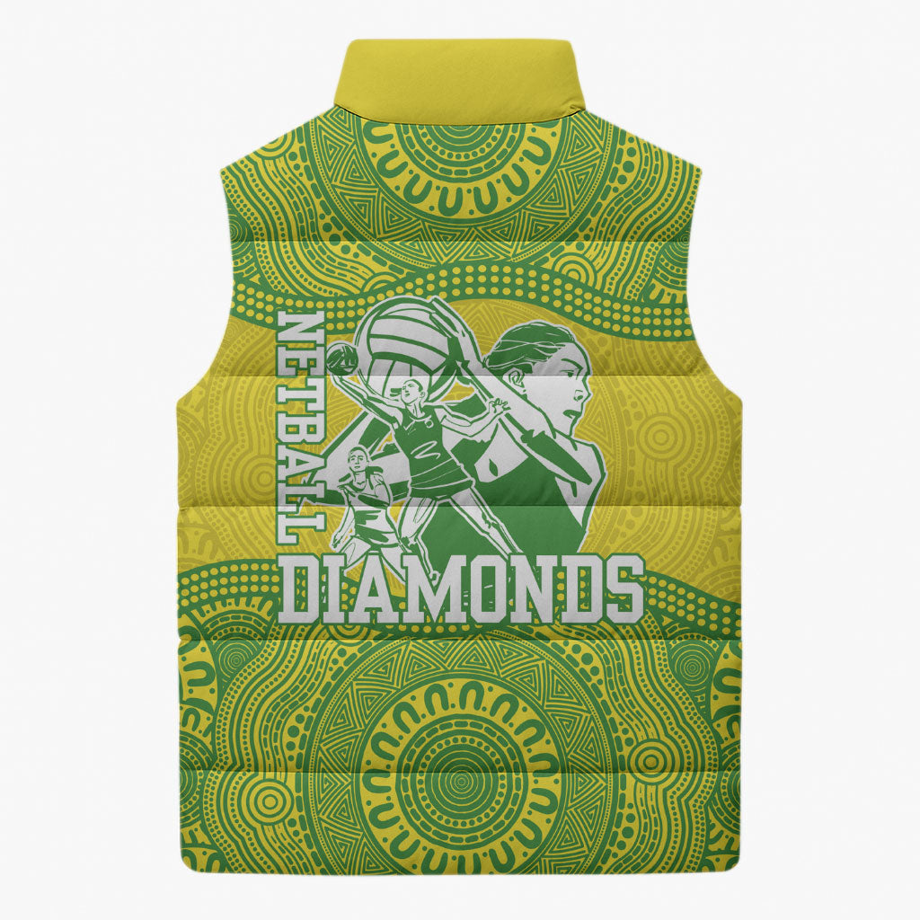 Australian Diamonds Netball Sleeveless Puffer Jacket Indigenous Aboriginal Art Style Dot Pattern Graphics