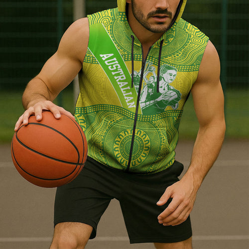 Australian Diamonds Netball Sleeveless Zip Hoodie Indigenous Aboriginal Art Style Dot Pattern Graphics