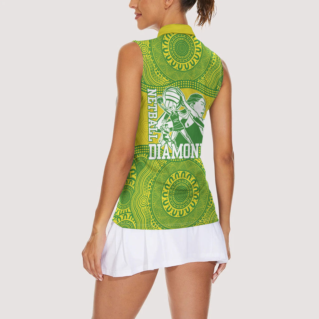 Australian Diamonds Netball Women Sleeveless Polo Shirt Indigenous Aboriginal Art Style Dot Pattern Graphics