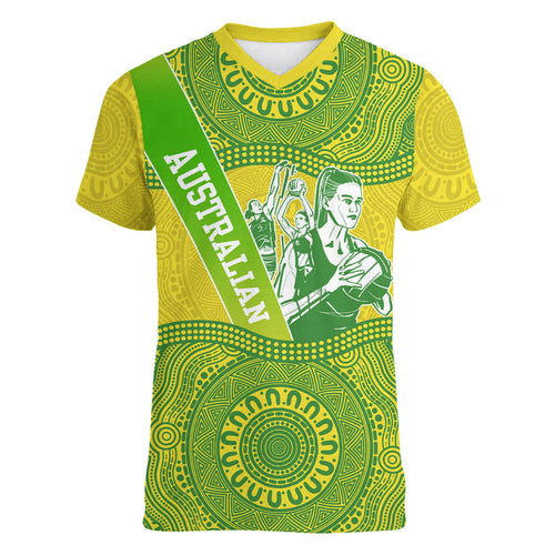 Australian Diamonds Netball Women V-Neck T-Shirt Indigenous Aboriginal Art Style Dot Pattern Graphics