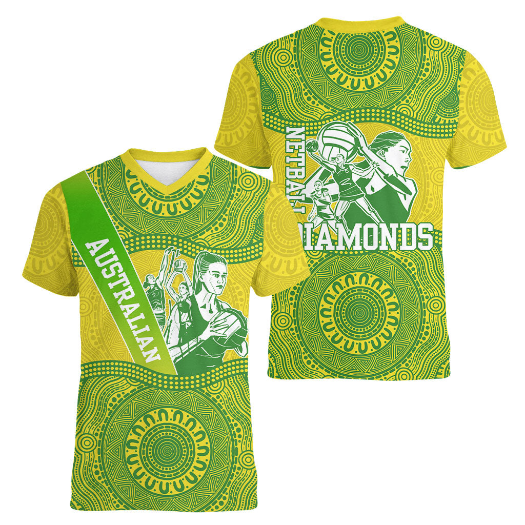 Australian Diamonds Netball Women V-Neck T-Shirt Indigenous Aboriginal Art Style Dot Pattern Graphics