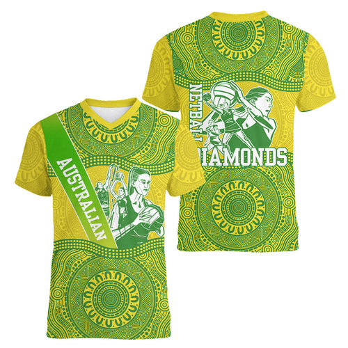 Australian Diamonds Netball Women V-Neck T-Shirt Indigenous Aboriginal Art Style Dot Pattern Graphics