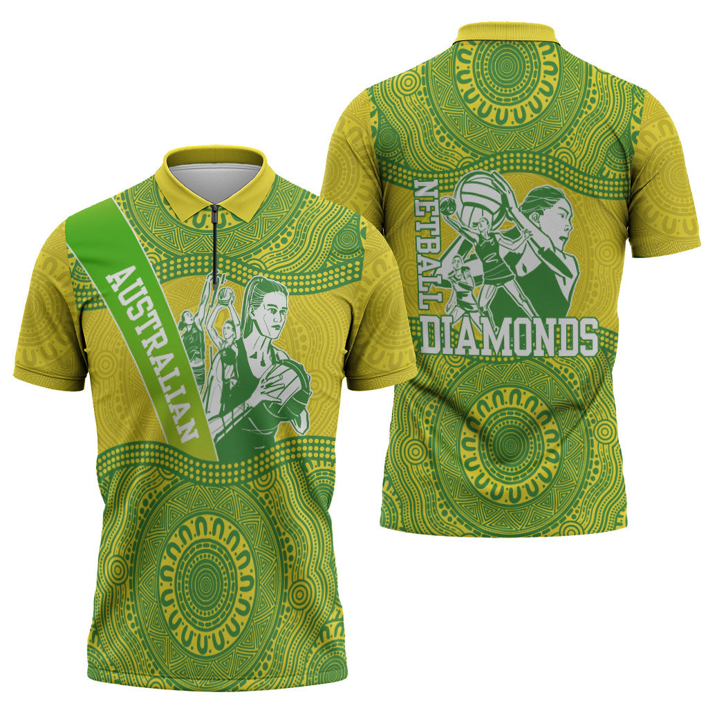 Australian Diamonds Netball Zipper Polo Shirt Indigenous Aboriginal Art Style Dot Pattern Graphics