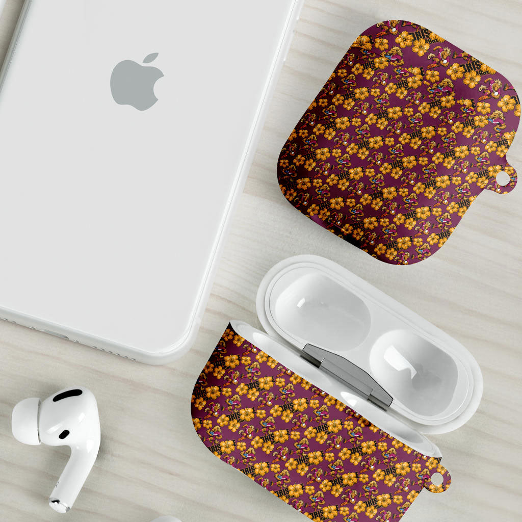 Brisbane Broncos Mascot AirPods Case Tropical Hibiscus Floral Seamless Rugby Mascot