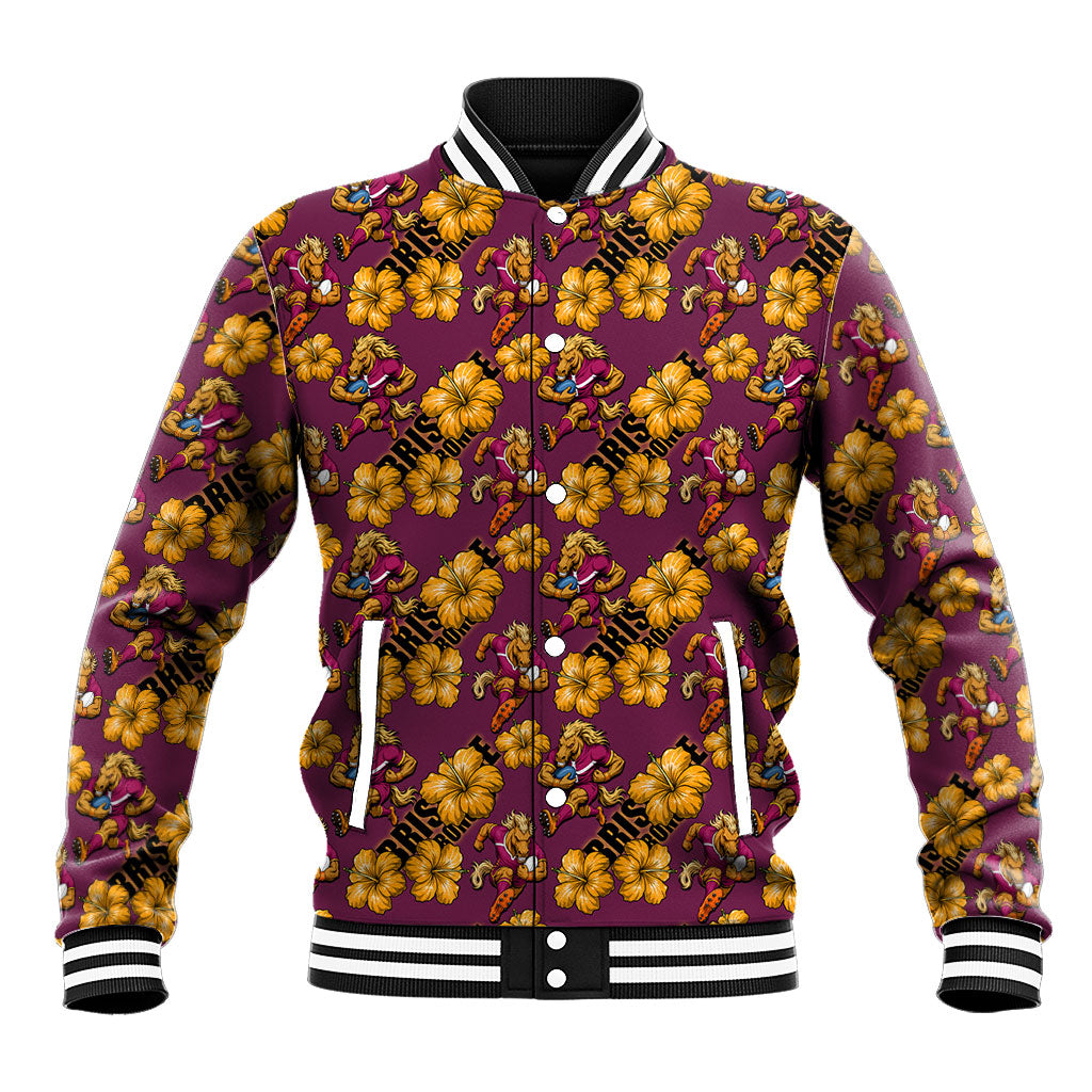 Brisbane Broncos Mascot Baseball Jacket Tropical Hibiscus Floral Seamless Rugby Mascot