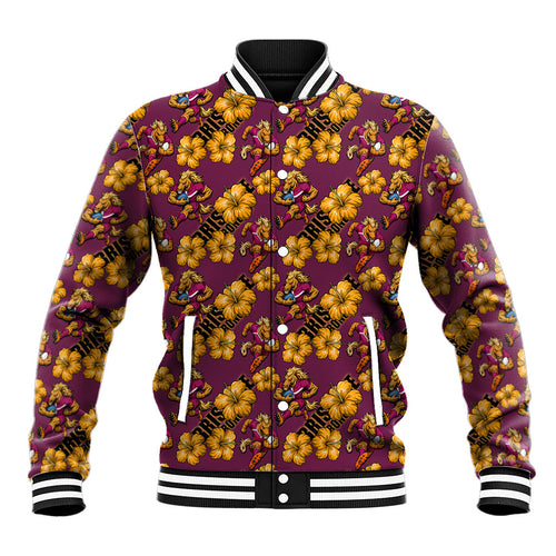 Brisbane Broncos Mascot Baseball Jacket Tropical Hibiscus Floral Seamless Rugby Mascot