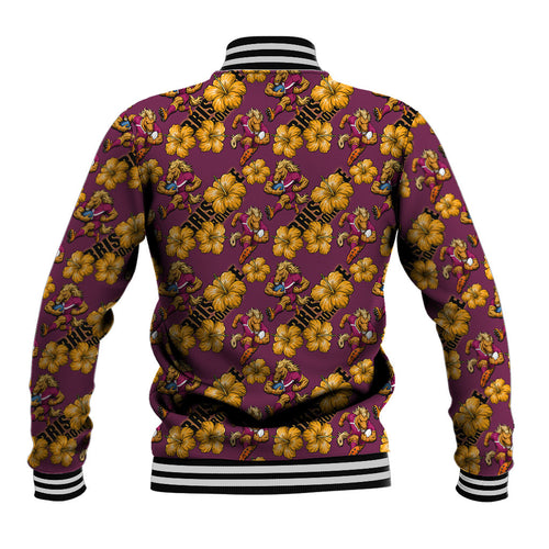 Brisbane Broncos Mascot Baseball Jacket Tropical Hibiscus Floral Seamless Rugby Mascot