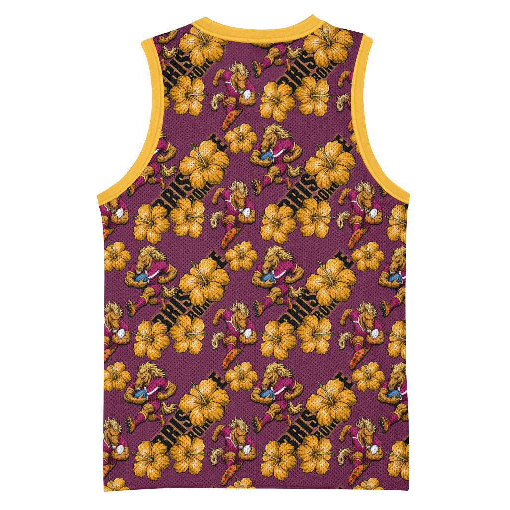 Brisbane Broncos Mascot Basketball Jersey Tropical Hibiscus Floral Seamless Rugby Mascot