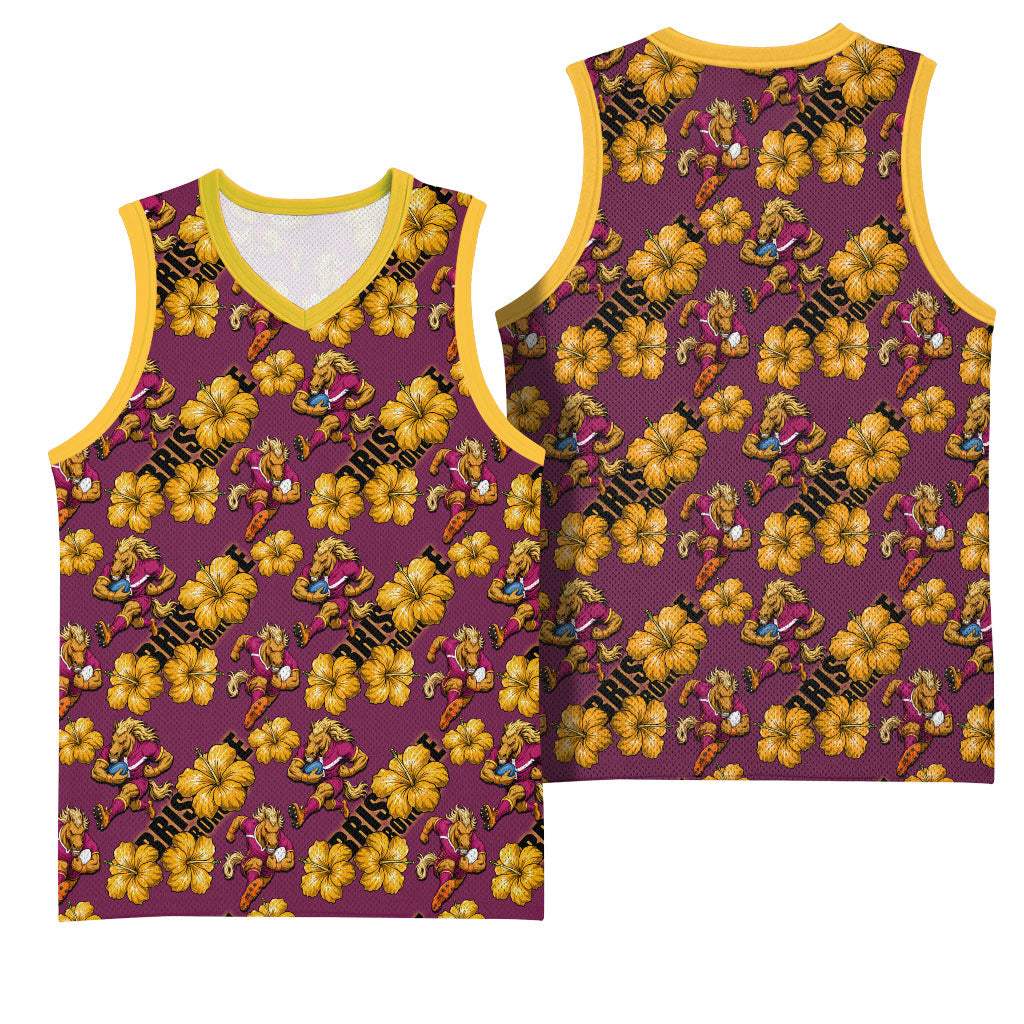 Brisbane Broncos Mascot Basketball Jersey Tropical Hibiscus Floral Seamless Rugby Mascot