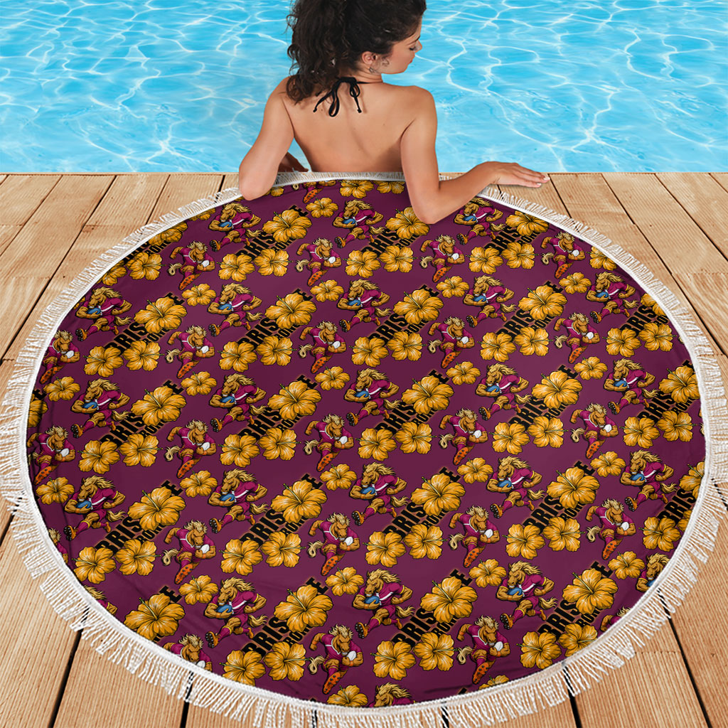 Brisbane Broncos Mascot Beach Blanket Tropical Hibiscus Floral Seamless Rugby Mascot