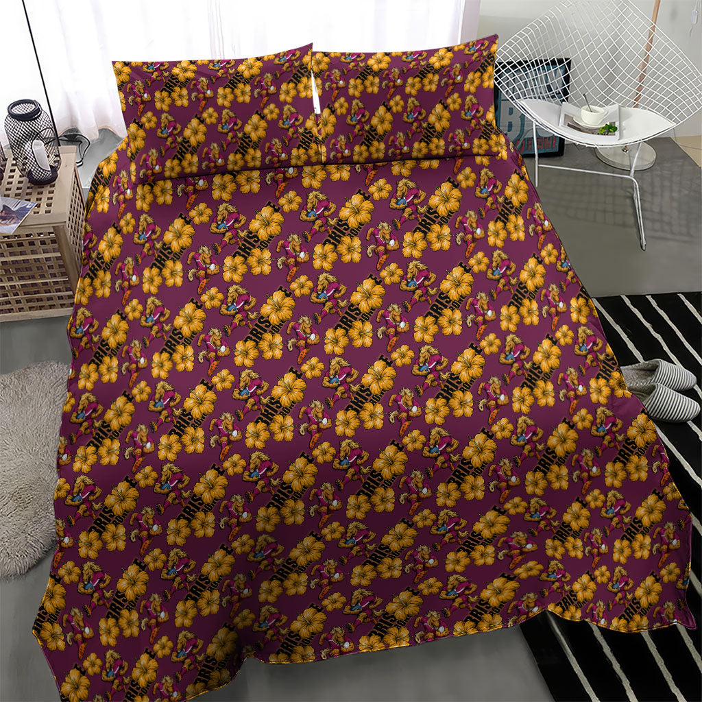 Brisbane Broncos Mascot Bedding Set Tropical Hibiscus Floral Seamless Rugby Mascot