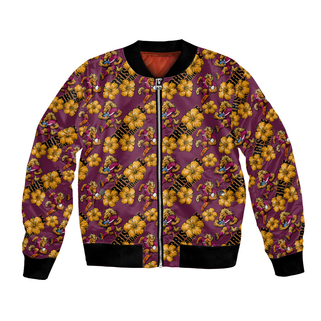 Brisbane Broncos Mascot Bomber Jacket Tropical Hibiscus Floral Seamless Rugby Mascot