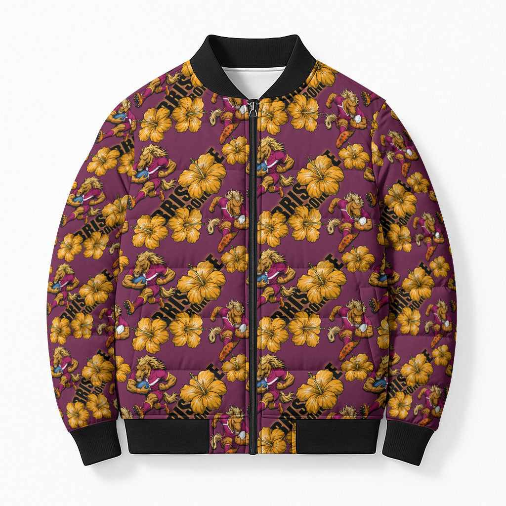 Brisbane Broncos Mascot Bomber Puffer Jacket Tropical Hibiscus Floral Seamless Rugby Mascot
