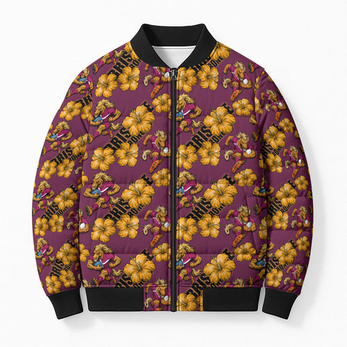 Brisbane Broncos Mascot Bomber Puffer Jacket Tropical Hibiscus Floral Seamless Rugby Mascot
