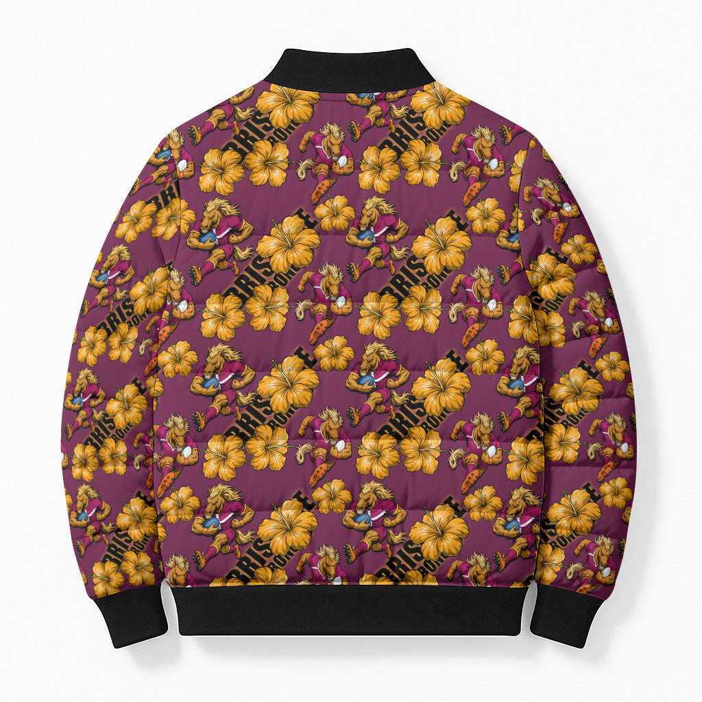Brisbane Broncos Mascot Bomber Puffer Jacket Tropical Hibiscus Floral Seamless Rugby Mascot