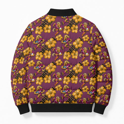 Brisbane Broncos Mascot Bomber Puffer Jacket Tropical Hibiscus Floral Seamless Rugby Mascot
