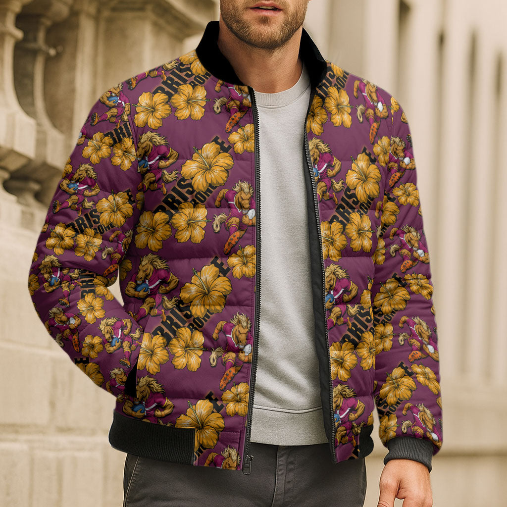 Brisbane Broncos Mascot Bomber Puffer Jacket Tropical Hibiscus Floral Seamless Rugby Mascot