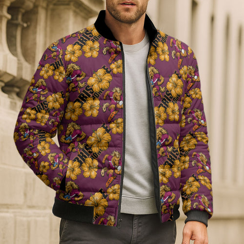 Brisbane Broncos Mascot Bomber Puffer Jacket Tropical Hibiscus Floral Seamless Rugby Mascot