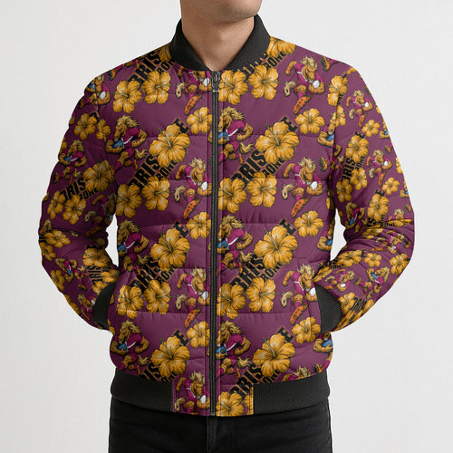 Brisbane Broncos Mascot Bomber Puffer Jacket Tropical Hibiscus Floral Seamless Rugby Mascot