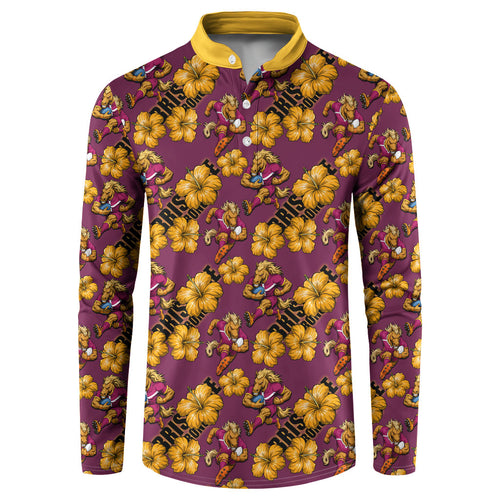 Brisbane Broncos Mascot Button Sweatshirt Tropical Hibiscus Floral Seamless Rugby Mascot