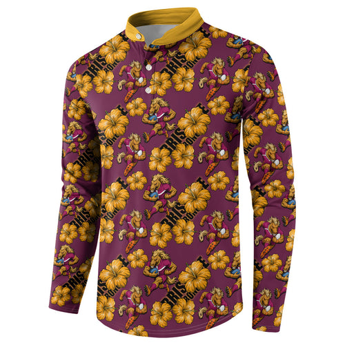 Brisbane Broncos Mascot Button Sweatshirt Tropical Hibiscus Floral Seamless Rugby Mascot