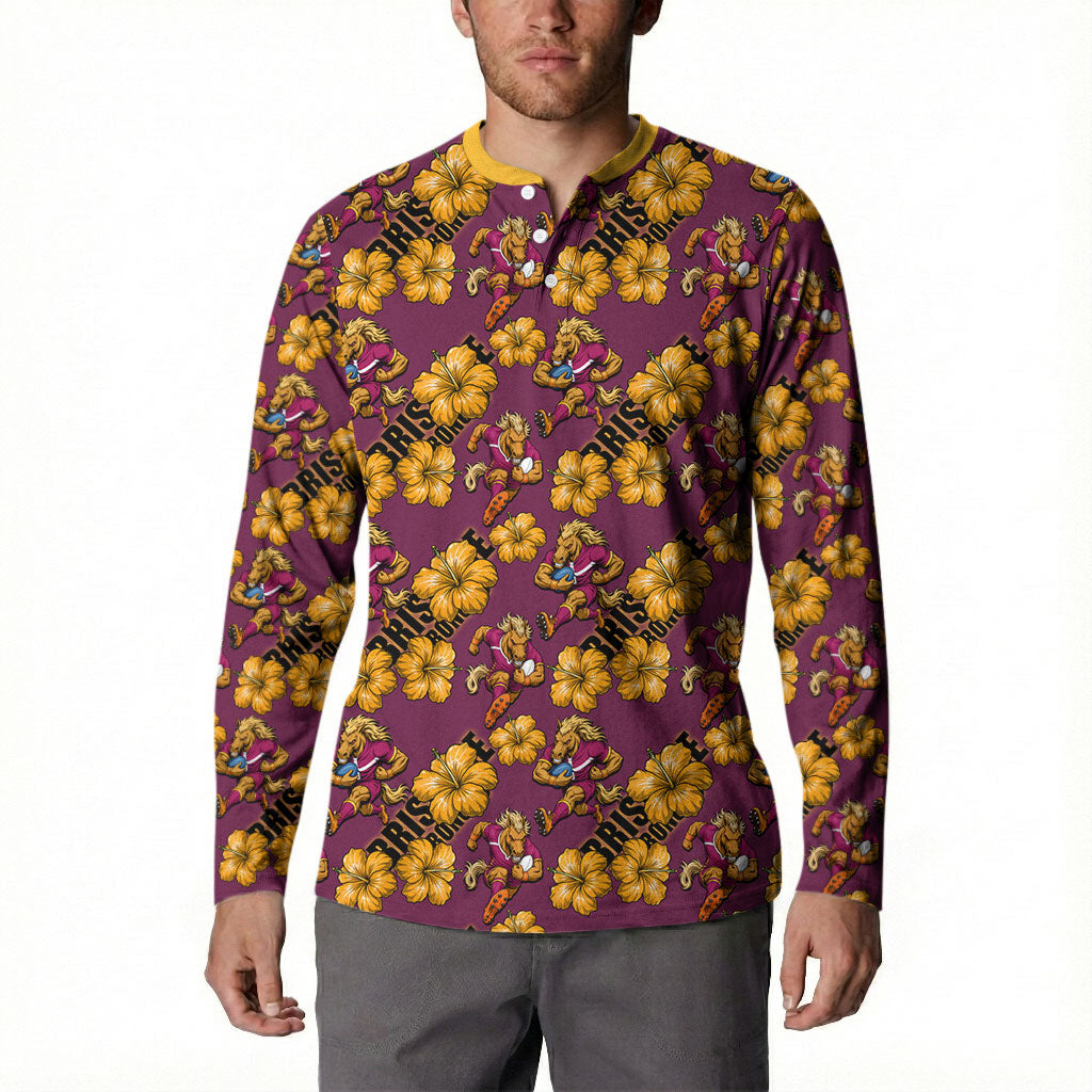 Brisbane Broncos Mascot Button Sweatshirt Tropical Hibiscus Floral Seamless Rugby Mascot