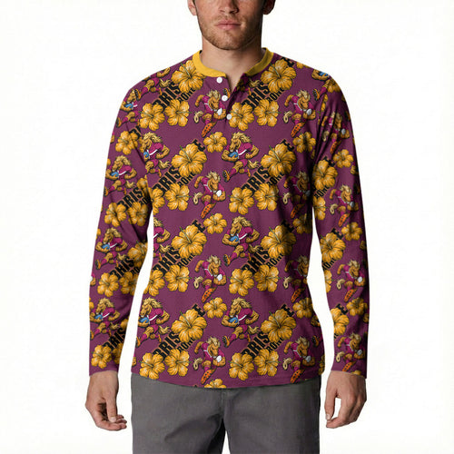 Brisbane Broncos Mascot Button Sweatshirt Tropical Hibiscus Floral Seamless Rugby Mascot
